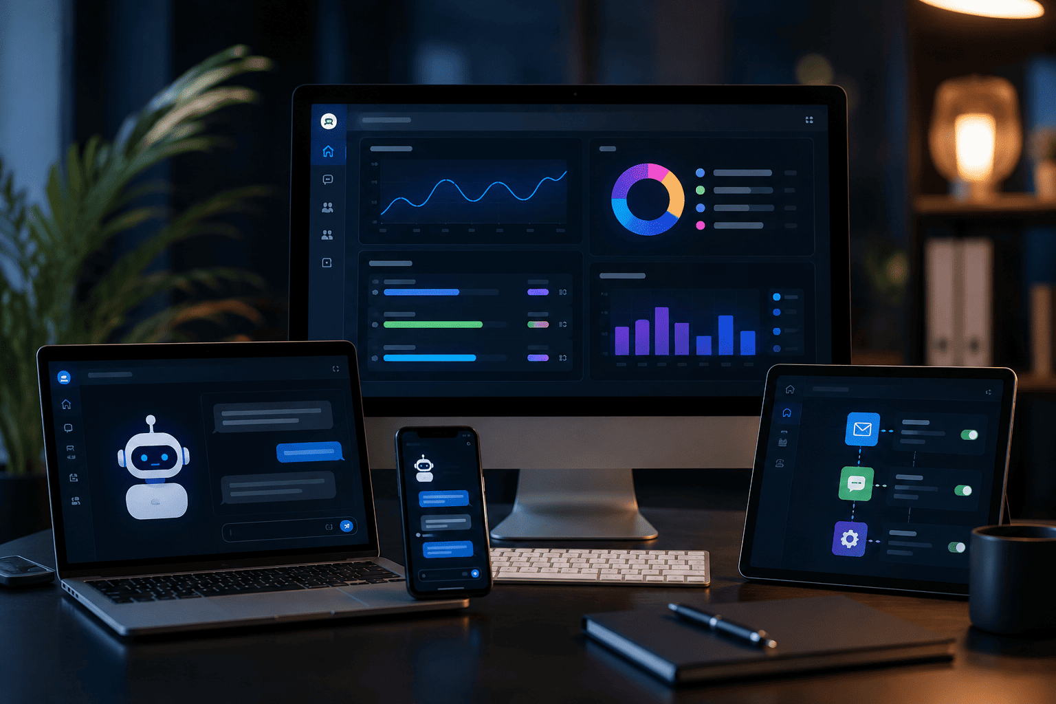 AI-powered business website dashboard with chatbot, analytics, smart search, and automation on multiple devices